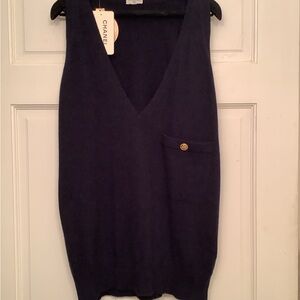 CHANEL Navy Cashmere V-Neck Sweater Vest